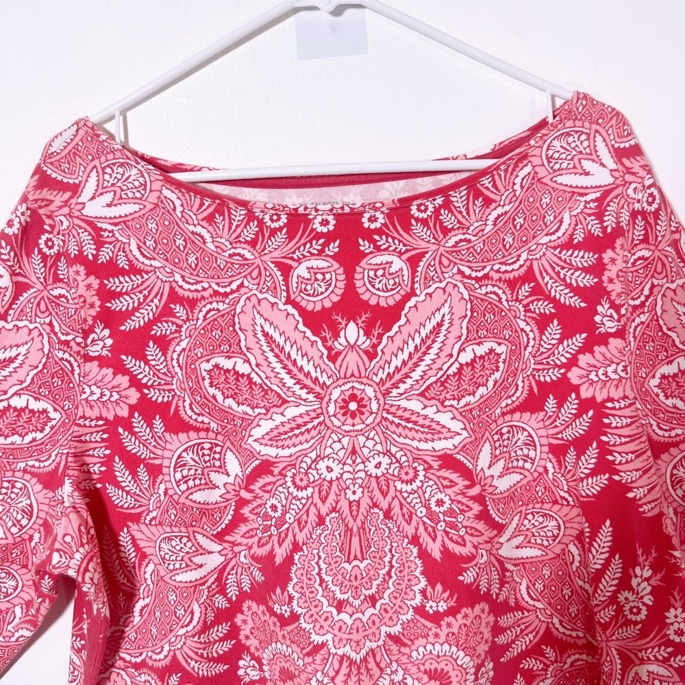 Talbots Plus 2X Red Pink Batik Paisley Medallion Boatneck 3/4 Sleeve Tee Top - Picture 3 of 5